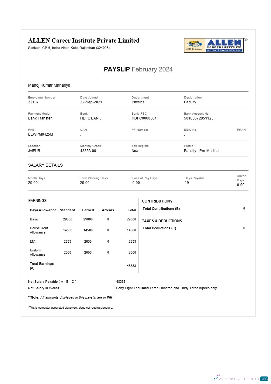 Download ALLEN Career Institute payslip template in Word and PDF formats.pdf, 1 Photoshop template